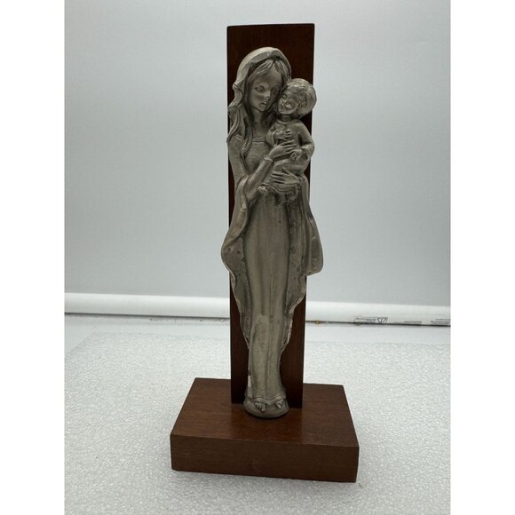 Vintage Peltro Italy Virgin Mary Mother and Child Pewter on Wood Base - Picture 1 of 8